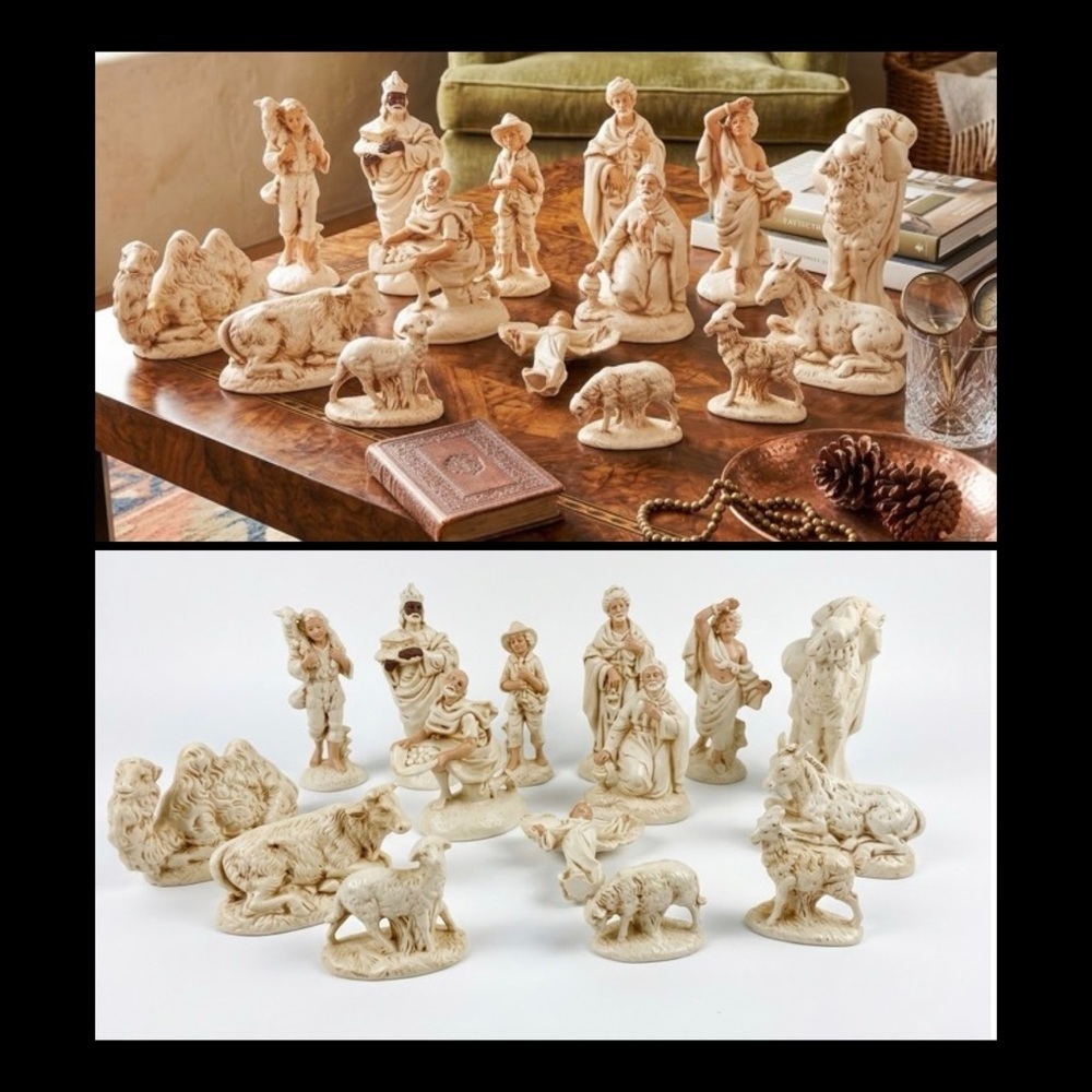 Vintage Carved Ivory Tone Nativity Set 15 Piece Religious Figurine Collection